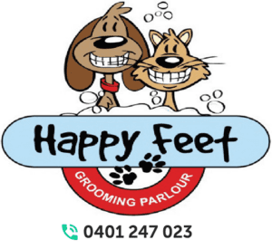 Happy Feet Grooming Parlour logo with contact number: 0401 247 023.